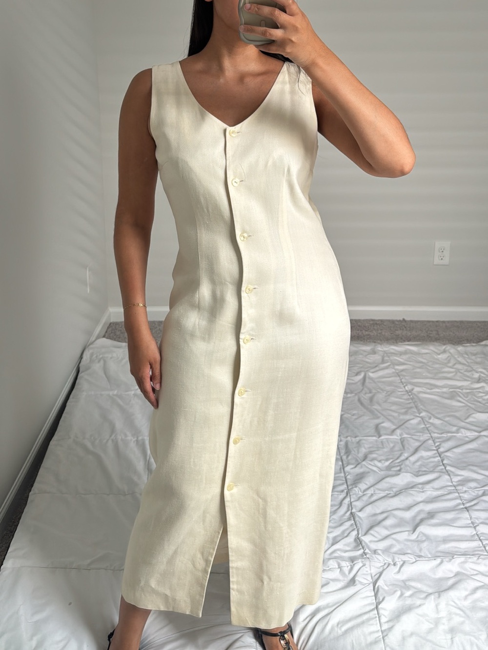 Vintage 90s linen v neck button dress